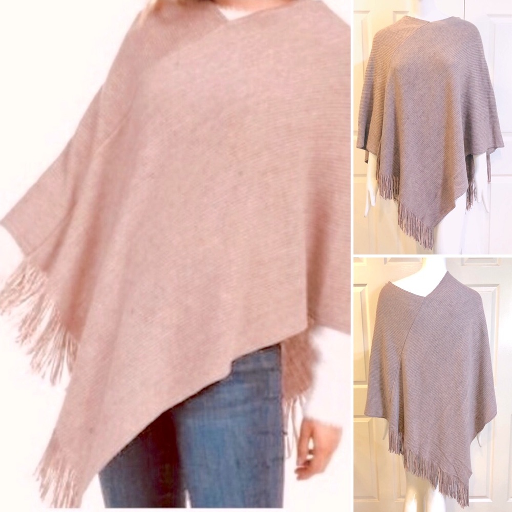 NWT~Cejon  KNIT Fringe Ruana Poncho~Blush/Gray~OS
